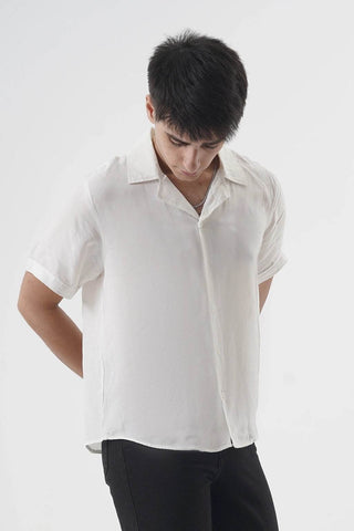 White Cuban Collar Shirt in Lightweight Textured Fabric for Effortless Style - Ecowears.pk