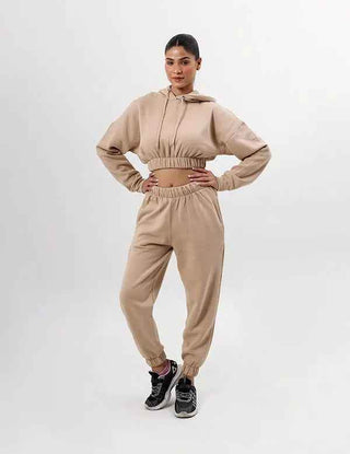 Winter Beige Fleece Sports Short Hoodie Joggers Set - Ecowears.pk