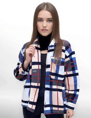 Women Check Fleece Casual Shacket Jacket Loose Outerwear - Ecowears.pk
