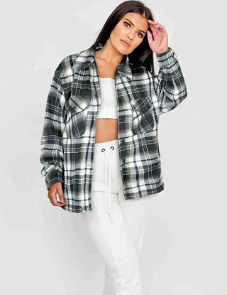 Women Check Fleece Casual Shacket Jacket Loose Outerwear - Ecowears.pk