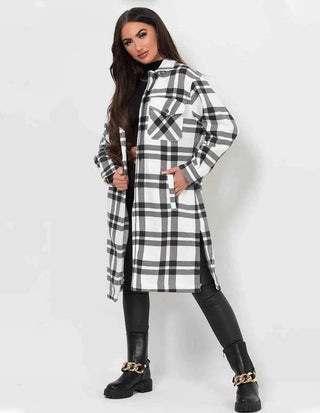 Women's Black Checkered Long Shacket - Ecowears.pk
